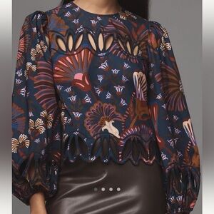 NWT FARM Rio Navy Multicolor Floral Cutout Long-Sleeve Blouse